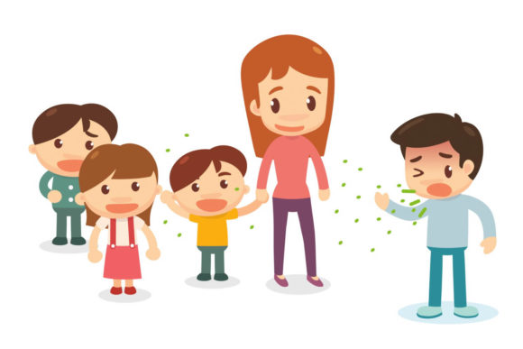 Illustration einer Kita-Gruppe, in der ein Kind hustet und dabei seine Viren verteilt.