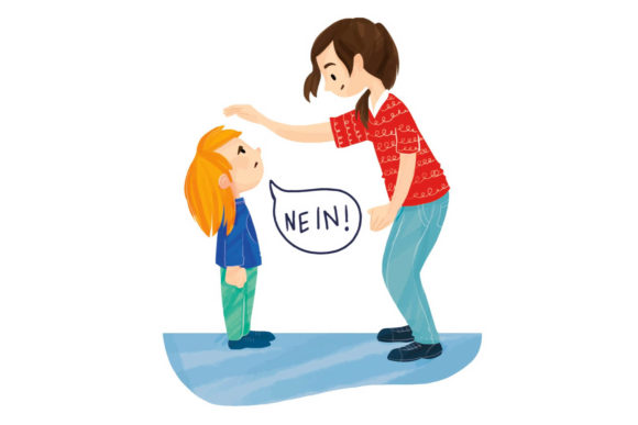 Illustration eines Kindes, das deutlich "Nein!" zu seiner Erzieherin sagt.