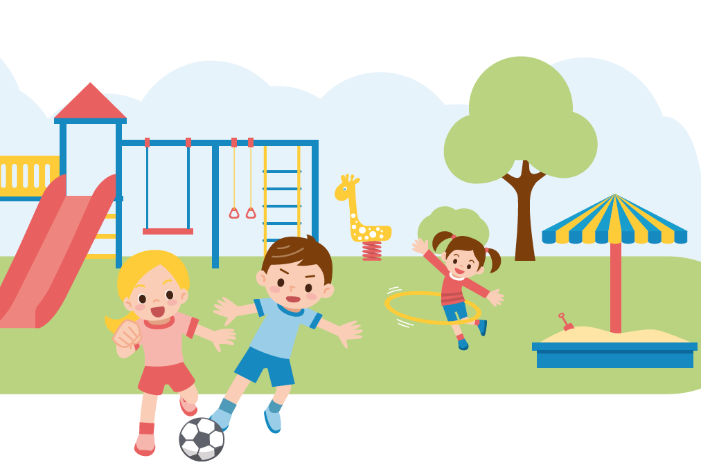 Illustration mit spielenden Kindern auf einem Spielplatz.