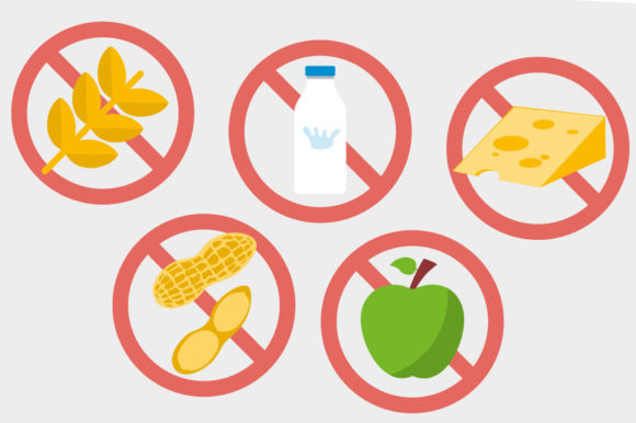 Illustration zum Thema "Allergien gegen Nüsse & Co." zeigt verschiedene durchgestrichene Lebensmittel.