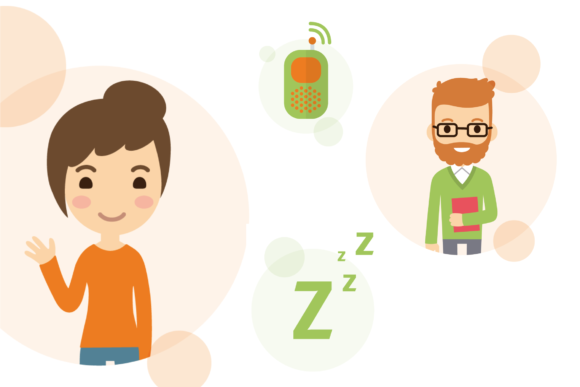 Illustration zum Thema "Ruhige Zeiten" zeigt zwei erwachsene Aufsichtspersonen für die Schlafenszeit in der Kita.