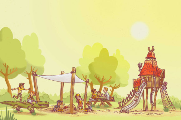 Illustration zeigt einen Spielplatz in der prallen Mittagssonne.