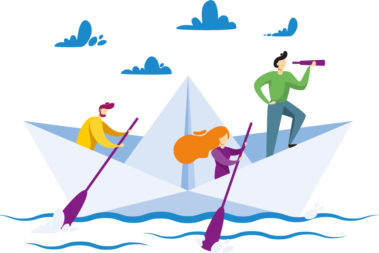 Illustration zum Thema "Die Eltern ins Boot holen" zeigt drei Erwachsene in einem Boot.