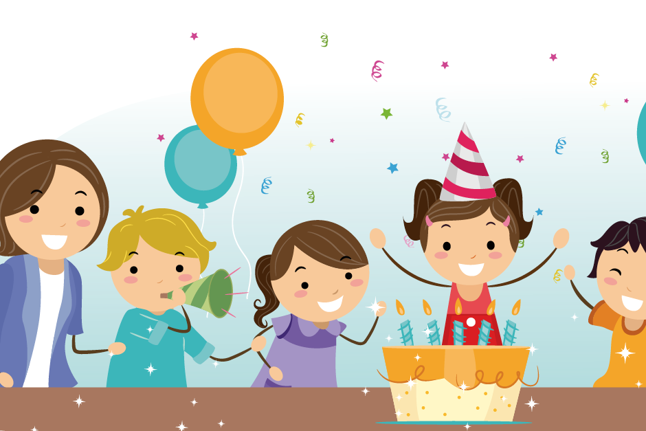 Illustration eines Mädchens, das mit ihren Freunden Geburtstag feiert. Vor ihr steht ein Geburtstagskuchen mit Kerzen, um sie herum fliegen Luftballons.