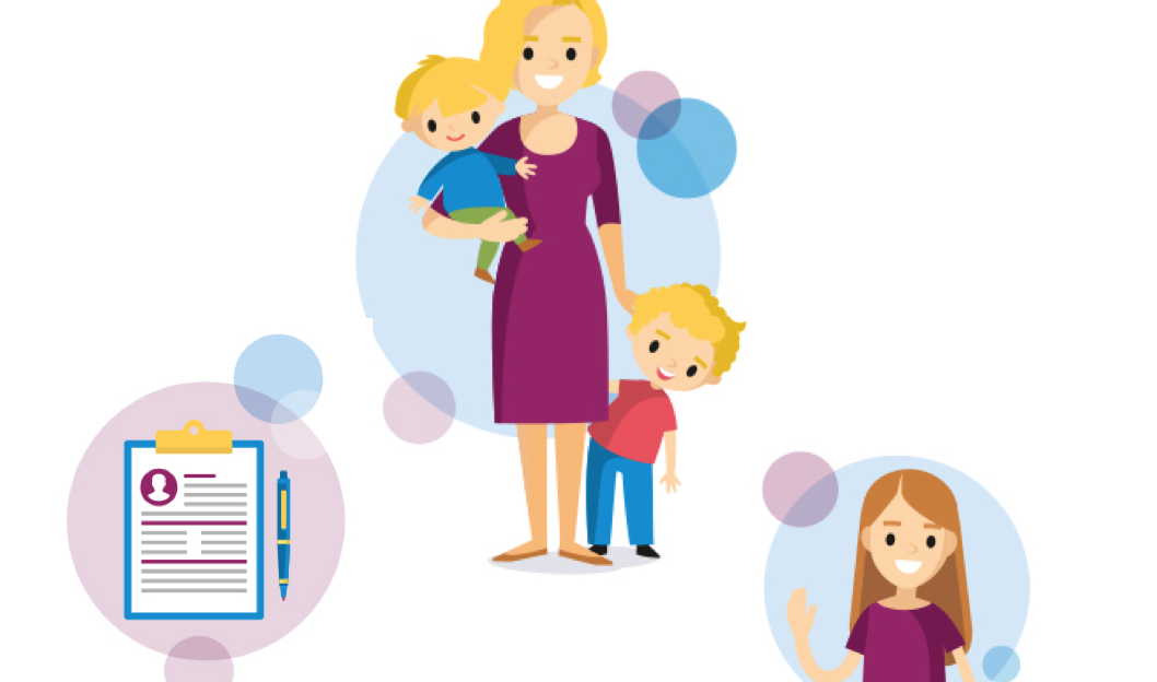 Illustration zeigt eine Mutter mit zwei Kindern, eine weitere Illustration zeigt eine Schülerpraktikantin.