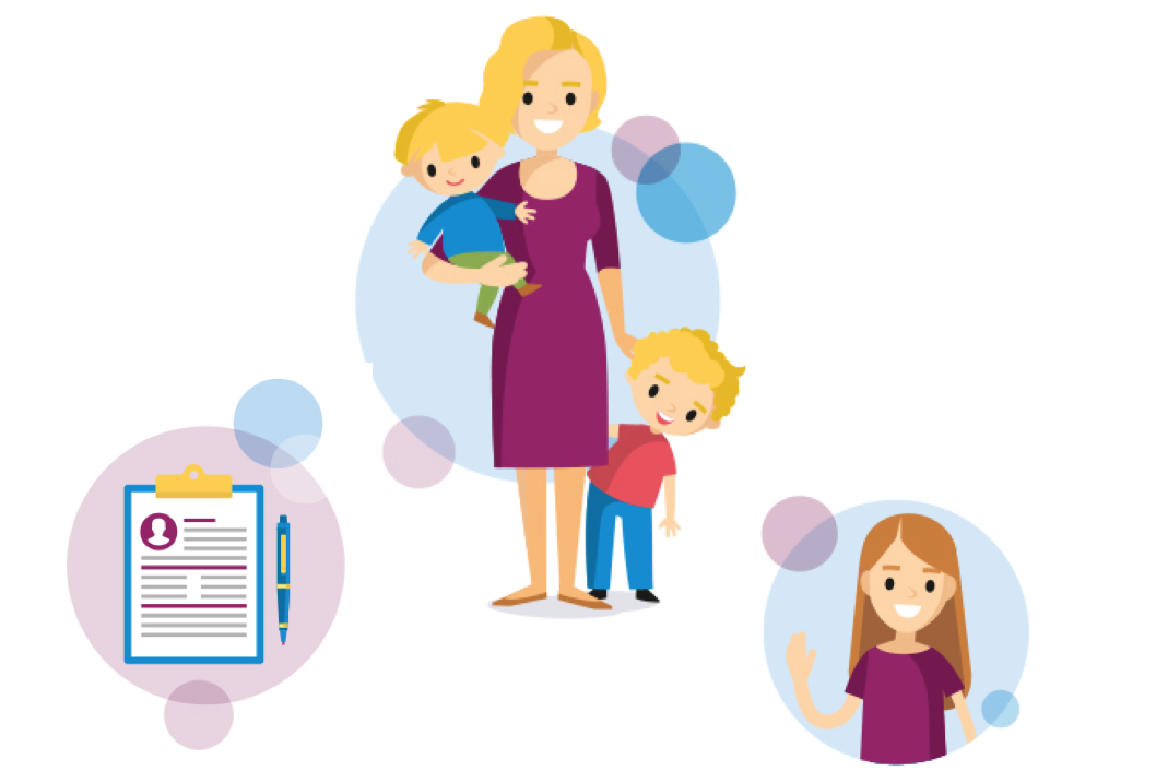 Illustration zeigt eine Mutter mit zwei Kindern, eine weitere Illustration zeigt eine Schülerpraktikantin.