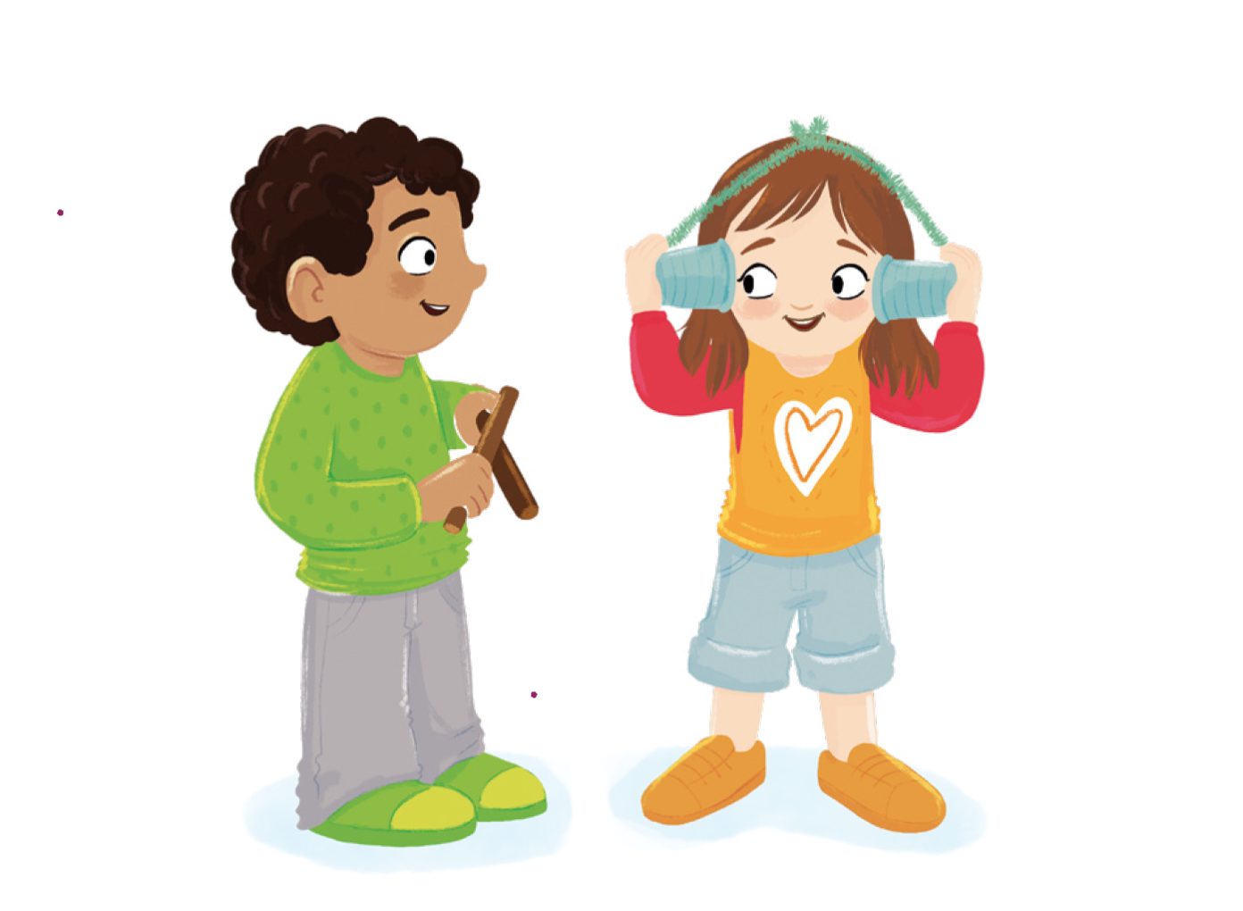 Illlustration zeigt ein Mädchen mit einem Dosentelefon und einen Jungen mit zwei Holzstöcken.