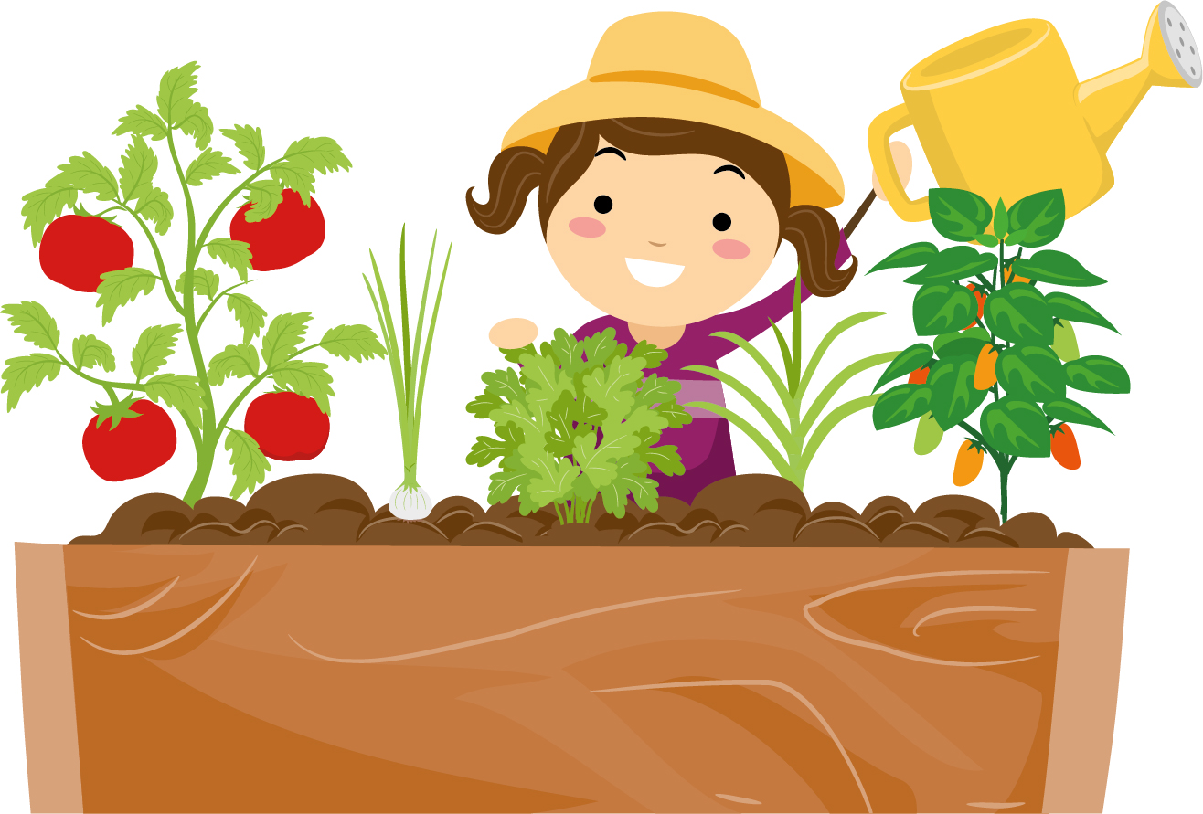 Illustration zeigt ein Mädchen beim Anpflanzen von Gemüse und Kräutern. Sie hält eine Gießkanne in der Hand.