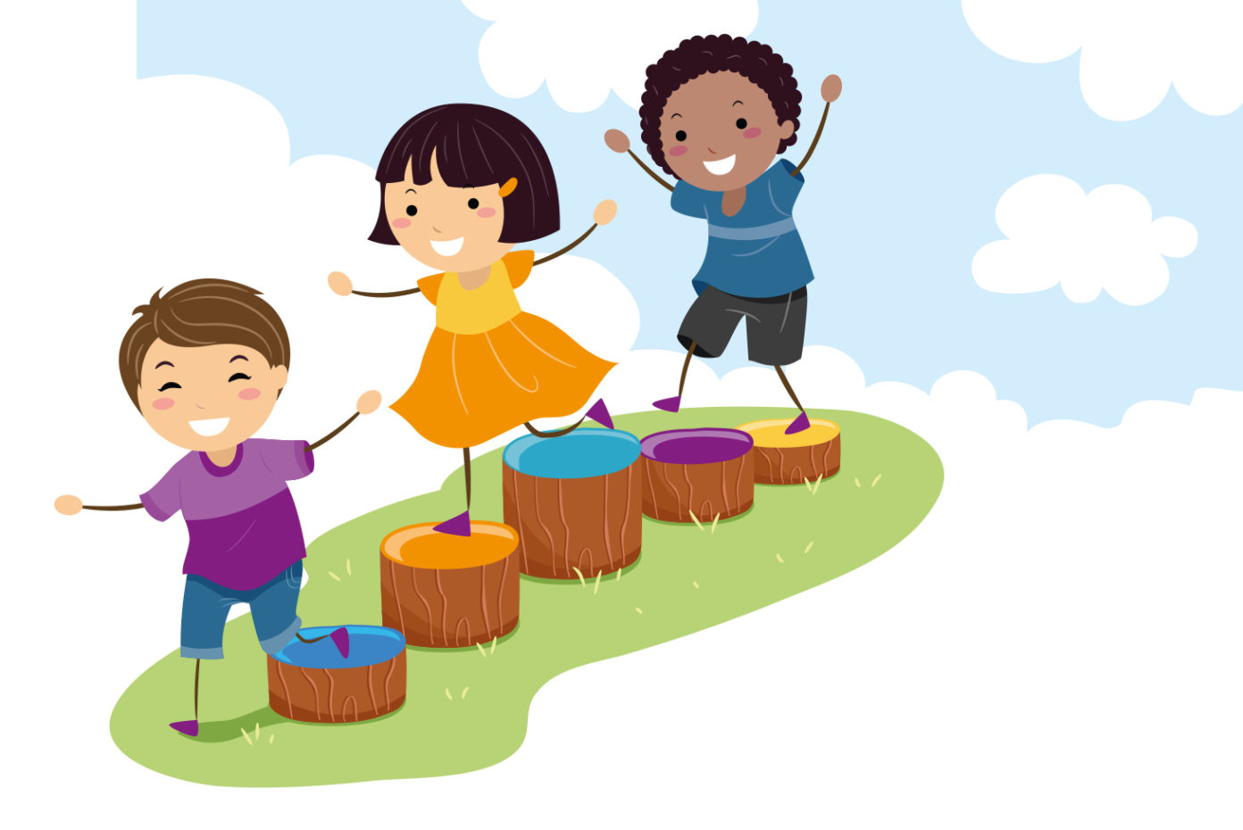 Illustration von drei Kindern, die über Baumstümpfe klettern.