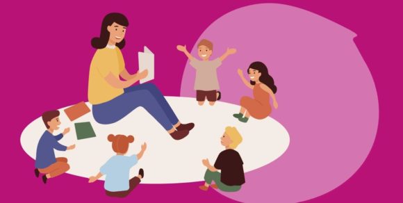 Illustration einer Frau, die auf einem Teppich sitzt und einer Gruppe von Kindern etwas vorliest. Die Kinder sitzen im Kreis um die Frau herum.