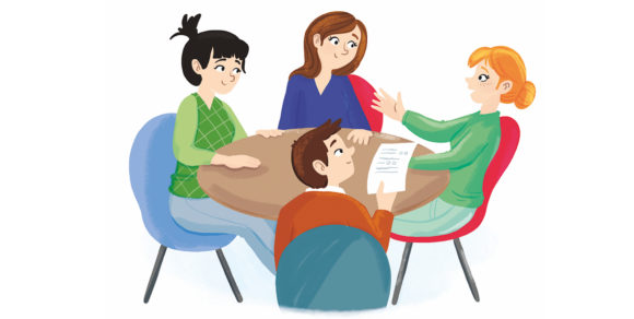 Illustration von vier Personen, die um einen runden Tisch sitzen und beruflich miteinander reden.