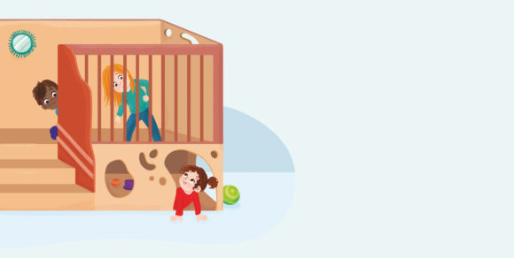 Illustration: mehrere Kinder spielen auf einer erhöhten Spielebene