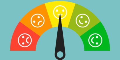 Illustaration einer Skala von schlecht bis toll, dargestellt anhand von Farben und Smileys