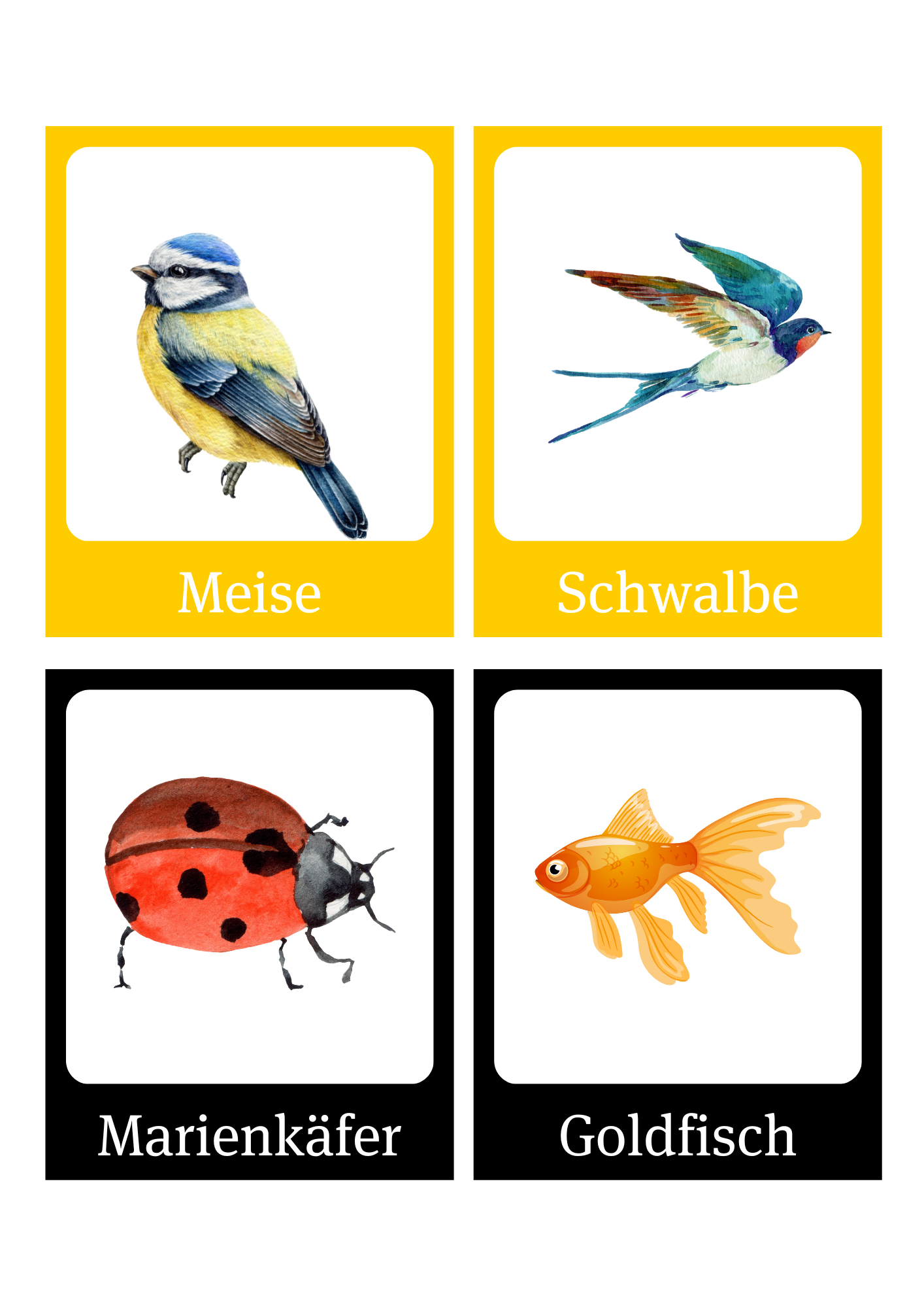 Bildkarten mit Meise, Schwalbe, Marienkäfer und Goldfisch