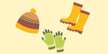 Illustration von: Mütze, Handschuhe, Gummistiefeln