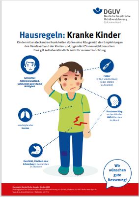 Das Bild zeigt die Illustration eines Kindes, das sich merklich unwohl fühlt. An unterschiedlichen Körperstellen sind Pfeile, die zu Erklärungen führen, wann der Besuch der Kita nicht angeraten ist, etwa, wenn das Kind Durchfall oder Fieber hat.