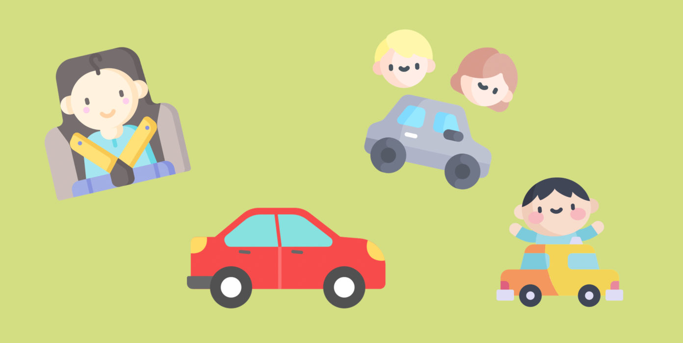 Illustrationen: Autos, angeschnalltes Kind