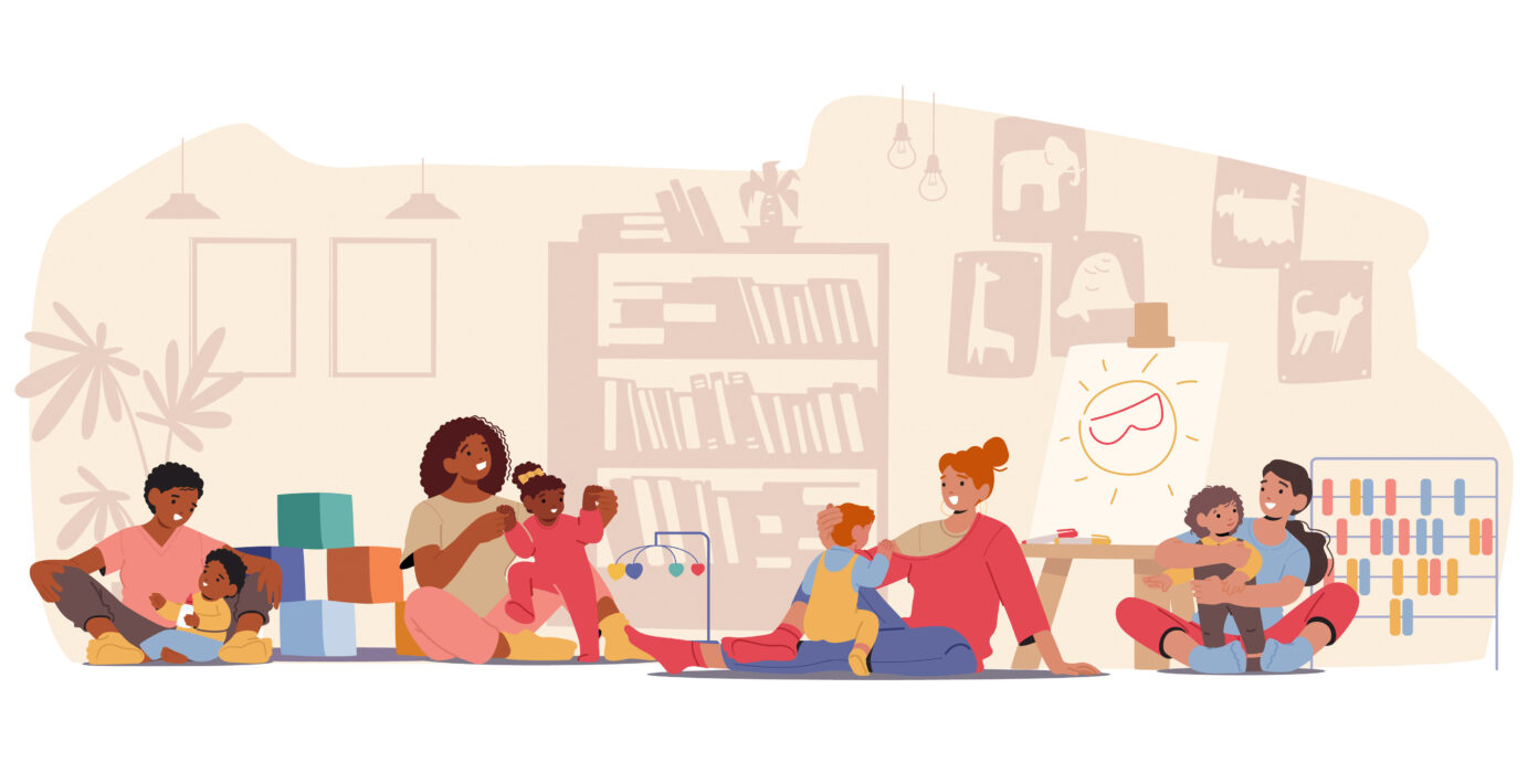 Illustration eines Raumes, in dem vier Erwachsene mit je einem Kind sitzen.