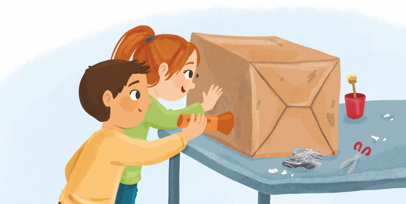 Illustration von zwei Kindern mit einer großen Kiste und einer Taschenlampe.
