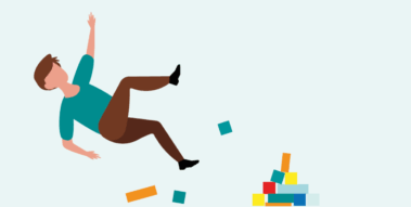 Illustration einer stürzenden Person neben bunten Bausteinen.