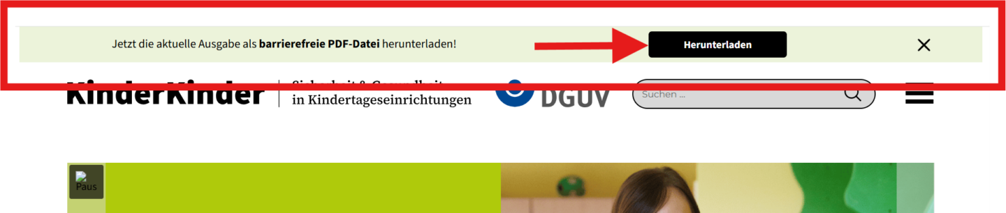 Banner zur Herunterladung einer barrierefreien PDF-Ausgabe auf der Webseite KinderKinder.