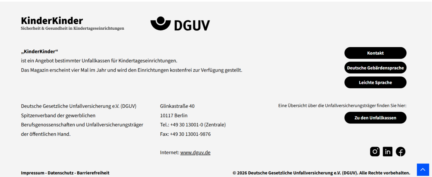Footer der Website der DGUV über Sicherheit und Gesundheit in Kindertagesstätten mit Informationen zu Unfallkassen und Dienstleistungen.