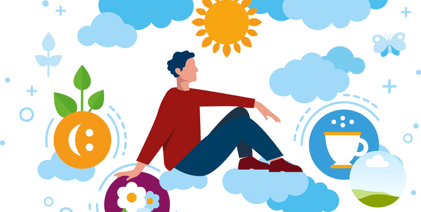 Ein Mann sitzt auf Wolken und genießt eine Pause, umgeben von fröhlichen Symbolen.