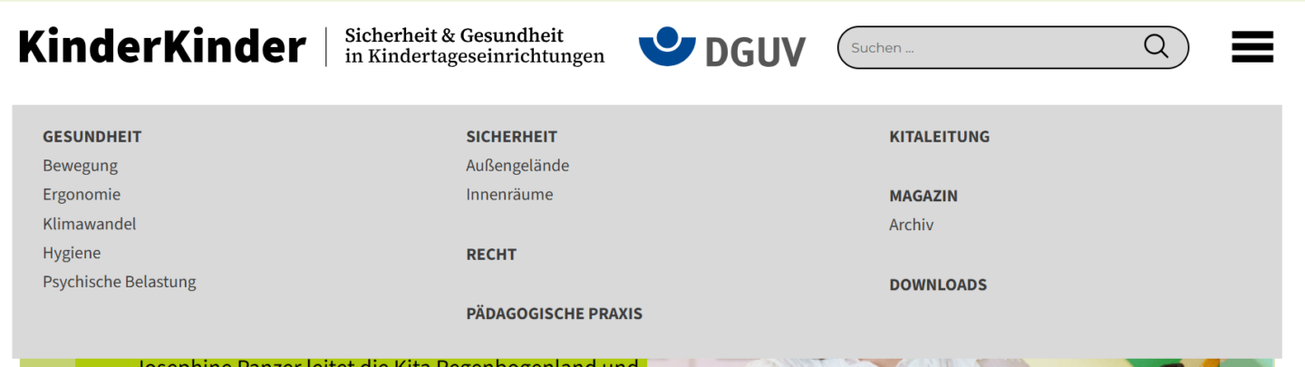 Website von KinderKinder mit Informationen zu Gesundheit, Sicherheit und pädagogischer Praxis in Kindertagesstätten.