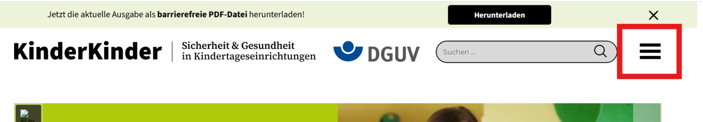 Screenshot der Webseite KinderKinder mit Fokus auf das Menü und den Suchbereich für Sicherheit und Gesundheit in Kindertageseinrichtungen.