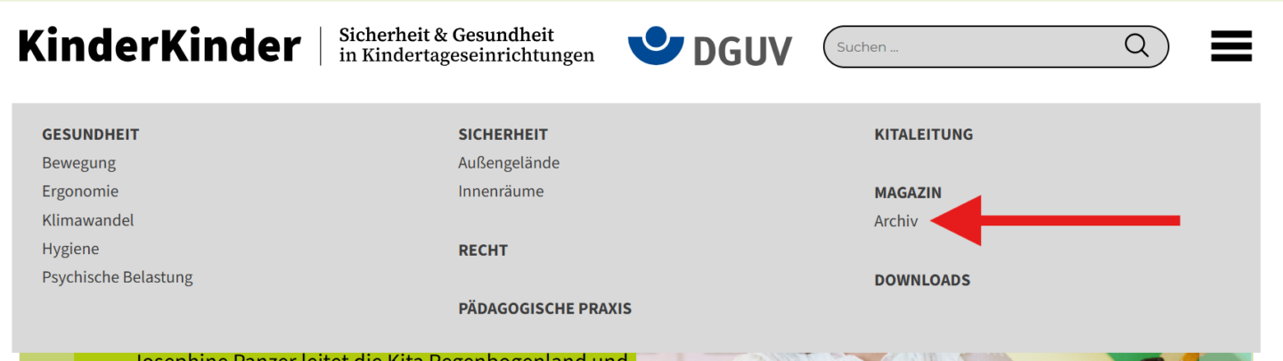Navigationsmenü der Webseite KinderKinder mit Fokus auf den Bereich Archiv für Sicherheit und Gesundheit in Kitas.
