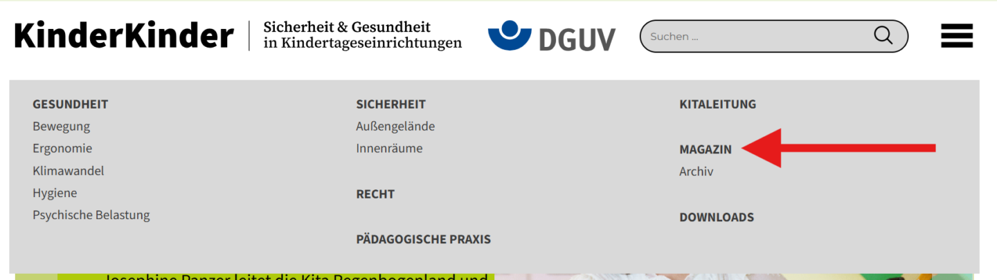 Screenshot der Website KinderKinder mit Fokus auf das Magazin im Menü für Sicherheit und Gesundheit in Kindertagesstätten.