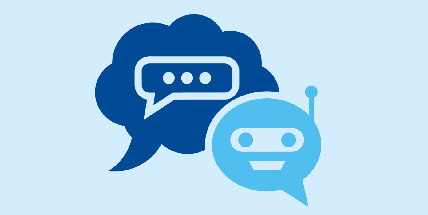 Grafik mit Sprechblasen und einem Chatbot-Symbol, symbolisiert digitale Kommunikation.