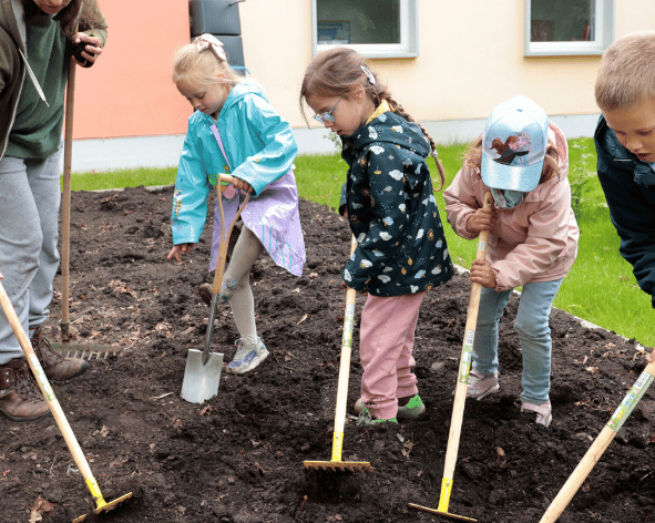 Kinder nutzen Gartengeräte auf einem naturnahen Außengelände in der Kita, um gemeinsam ein Beet umzugraben.
