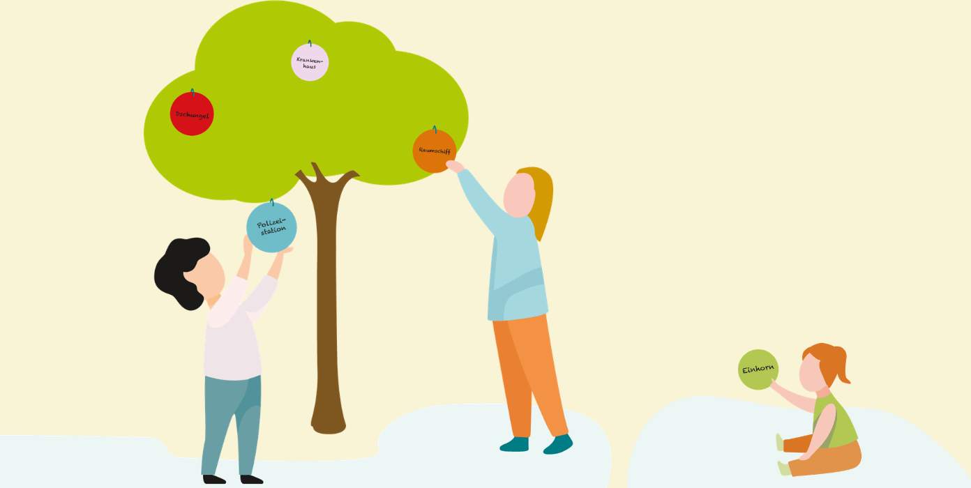 Drei Kinder spielen mit bunten Kugeln, die mit Begriffen wie Krankenhaus oder Einhorn beschriftet sind, die an einem Baum aufgehängt werden.
